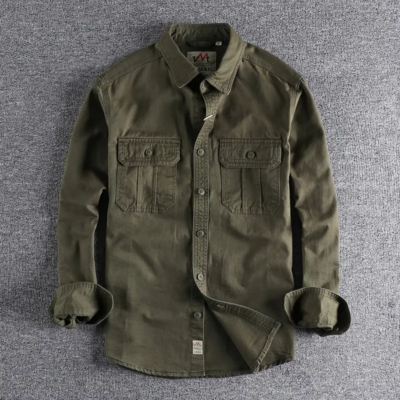 Autumn New Japanese Retro Long-Sleeve Lapel Woven Cargo Shirt Men's Simple 100% Cotton Washed Double Pocket Casual Youth Blouses