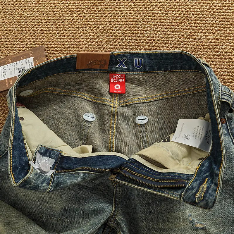 2025 Summer New American Retro Heavyweight Elastic Denim Jeans Men's Simple 93.7% Cotton Washed Old Straight Casual Patch Pants