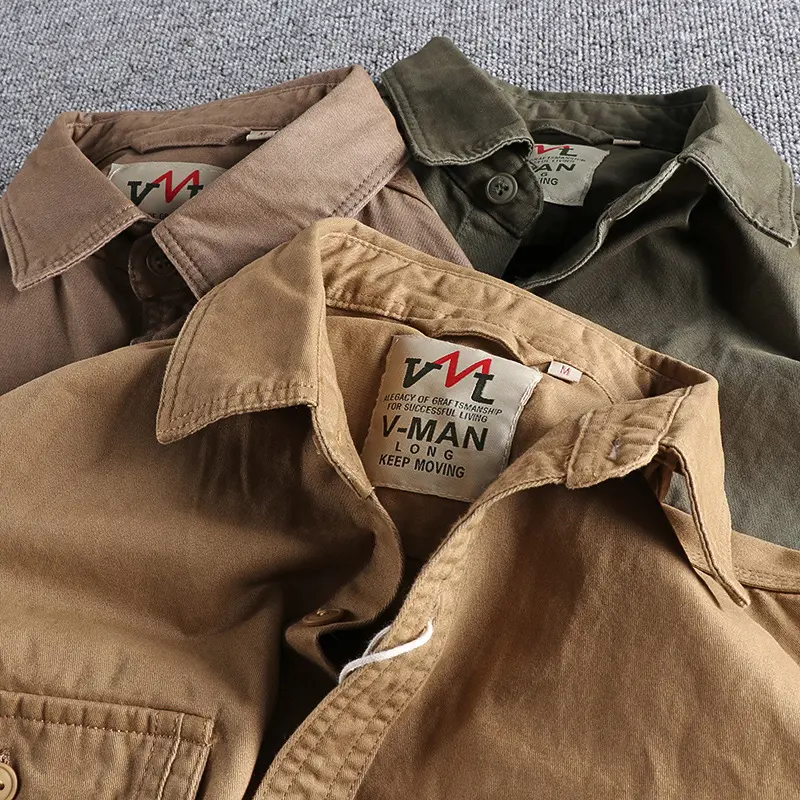 Autumn New Japanese Retro Long-Sleeve Lapel Woven Cargo Shirt Men's Simple 100% Cotton Washed Double Pocket Casual Youth Blouses