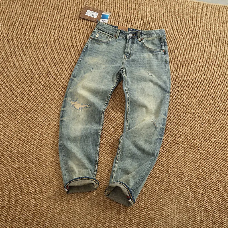 2025 Summer New American Retro Heavyweight Elastic Denim Jeans Men's Simple 93.7% Cotton Washed Old Straight Casual Patch Pants