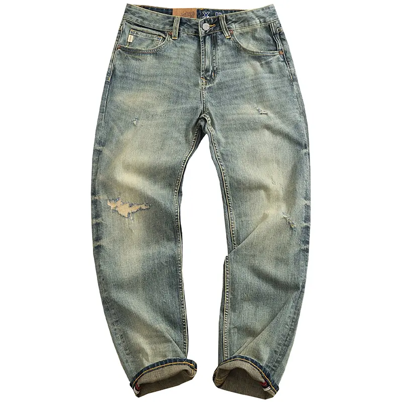 2025 Summer New American Retro Heavyweight Elastic Denim Jeans Men's Simple 93.7% Cotton Washed Old Straight Casual Patch Pants