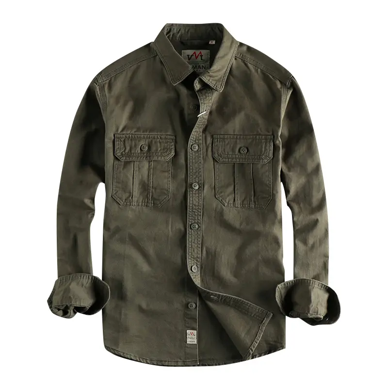 Autumn New Japanese Retro Long-Sleeve Lapel Woven Cargo Shirt Men's Simple 100% Cotton Washed Double Pocket Casual Youth Blouses