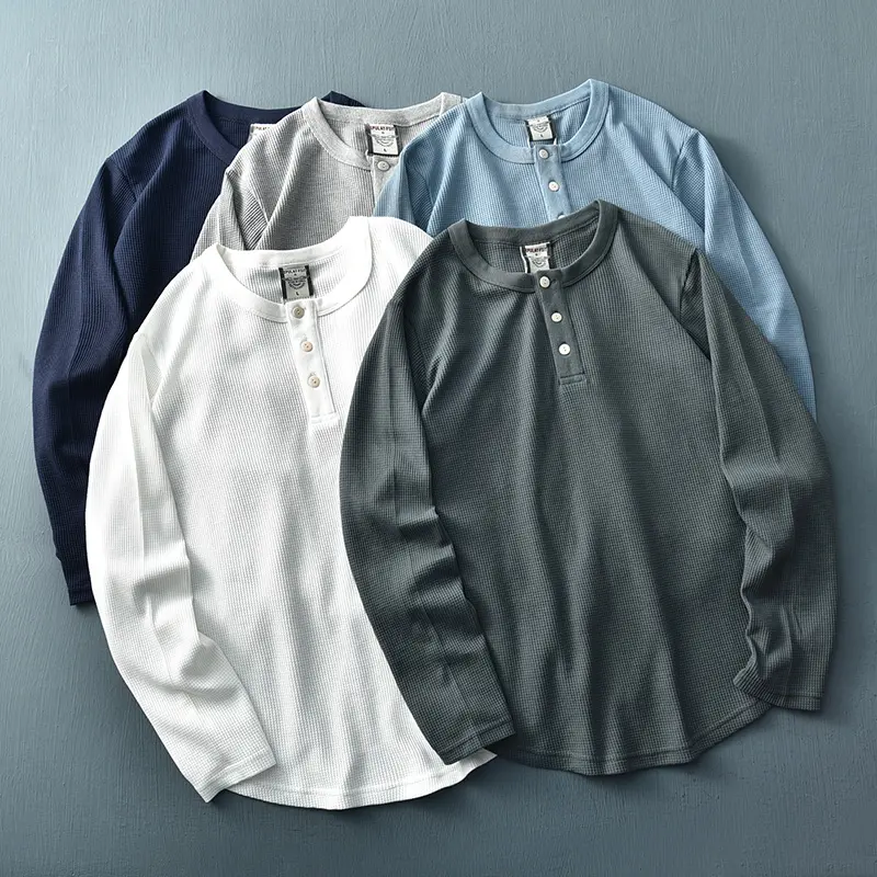 Autumn New Long Sleeve Henry Collar Waffle Solid Color T-shirt Men's Fashion Simple 80% Cotton Washed Old Loose Casual Tops