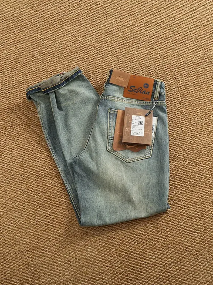 2025 Summer New American Retro Heavyweight Elastic Denim Jeans Men's Simple 93.7% Cotton Washed Old Straight Casual Patch Pants