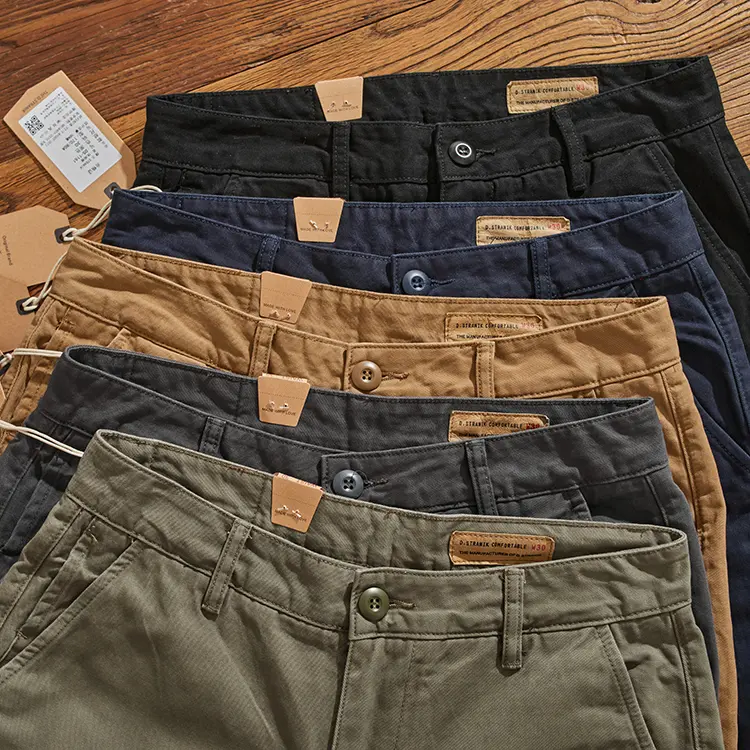 1161# Autumn New American Retro Woven Twill Cargo Pants Men's Simple 100% Cotton Washed Casual Chino Straight Tapered Trousers