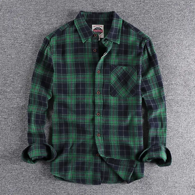 2022 Spring New American Retro Men's Fashion 100% Cotton Plaid Youth Long-Sleeve Blouses Washed Old Brushed Fabric Casual Shirt