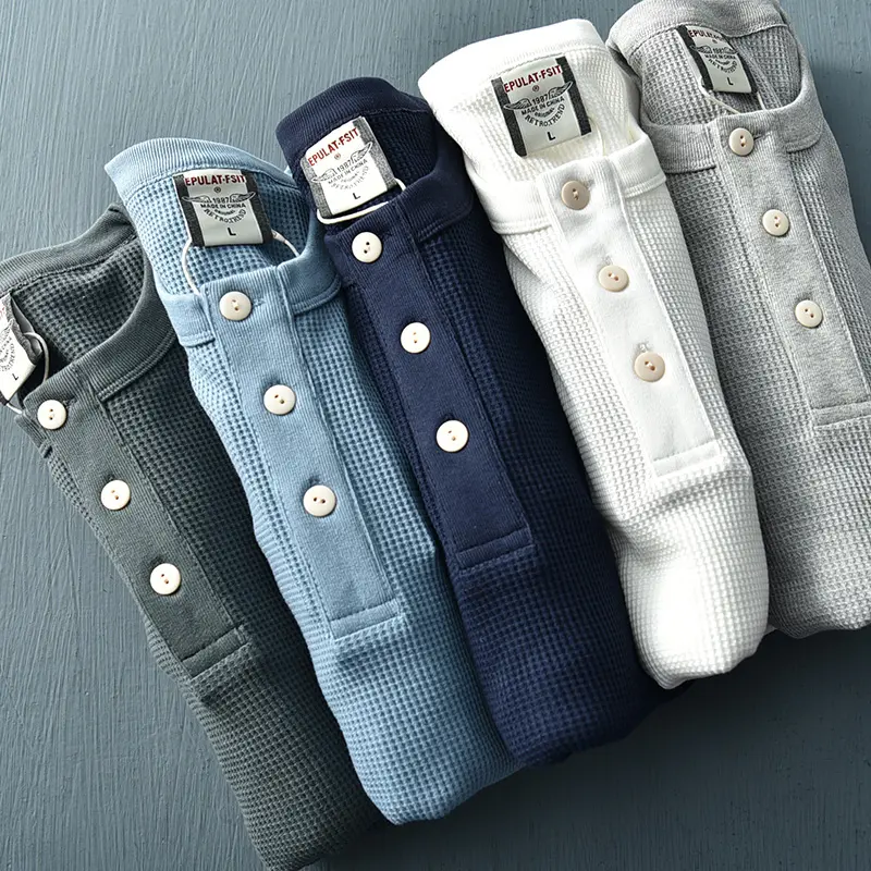 Autumn New Long Sleeve Henry Collar Waffle Solid Color T-shirt Men's Fashion Simple 80% Cotton Washed Old Loose Casual Tops