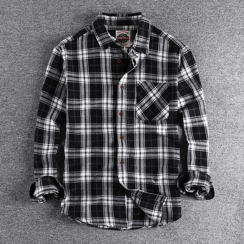 2022 Spring New American Retro Men's Fashion 100% Cotton Plaid Youth Long-Sleeve Blouses Washed Old Brushed Fabric Casual Shirt