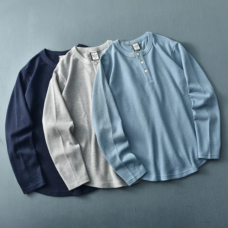 Autumn New Long Sleeve Henry Collar Waffle Solid Color T-shirt Men's Fashion Simple 80% Cotton Washed Old Loose Casual Tops