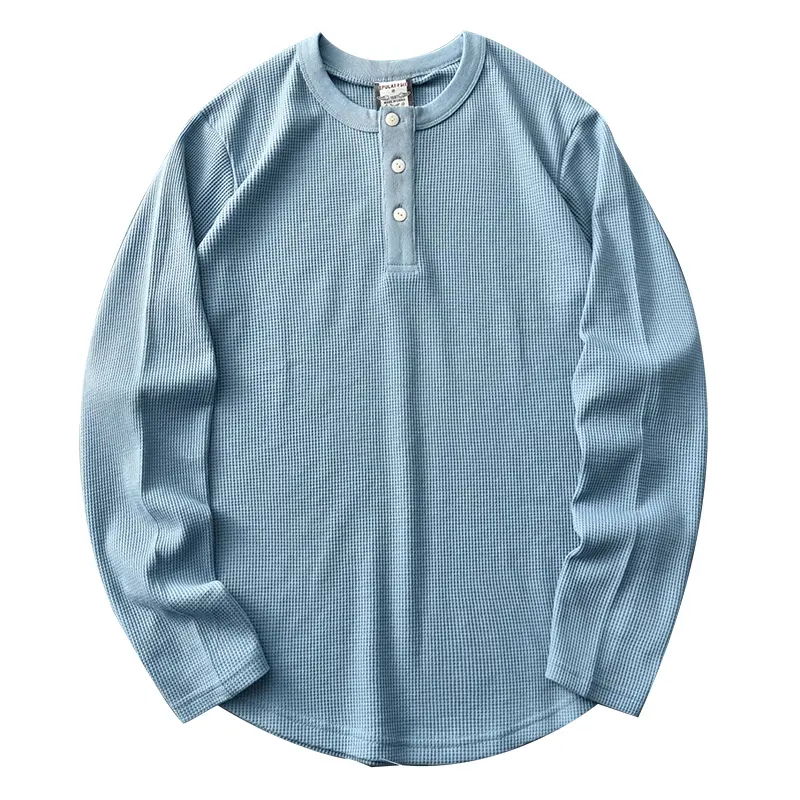 Autumn New Long Sleeve Henry Collar Waffle Solid Color T-shirt Men's Fashion Simple 80% Cotton Washed Old Loose Casual Tops