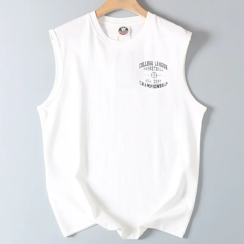 2025 Summer New American Retro Sleeveless O-neck Letter Printed T-shirt Men's Fashion 100% Cotton Basketball Sports Casual Vest