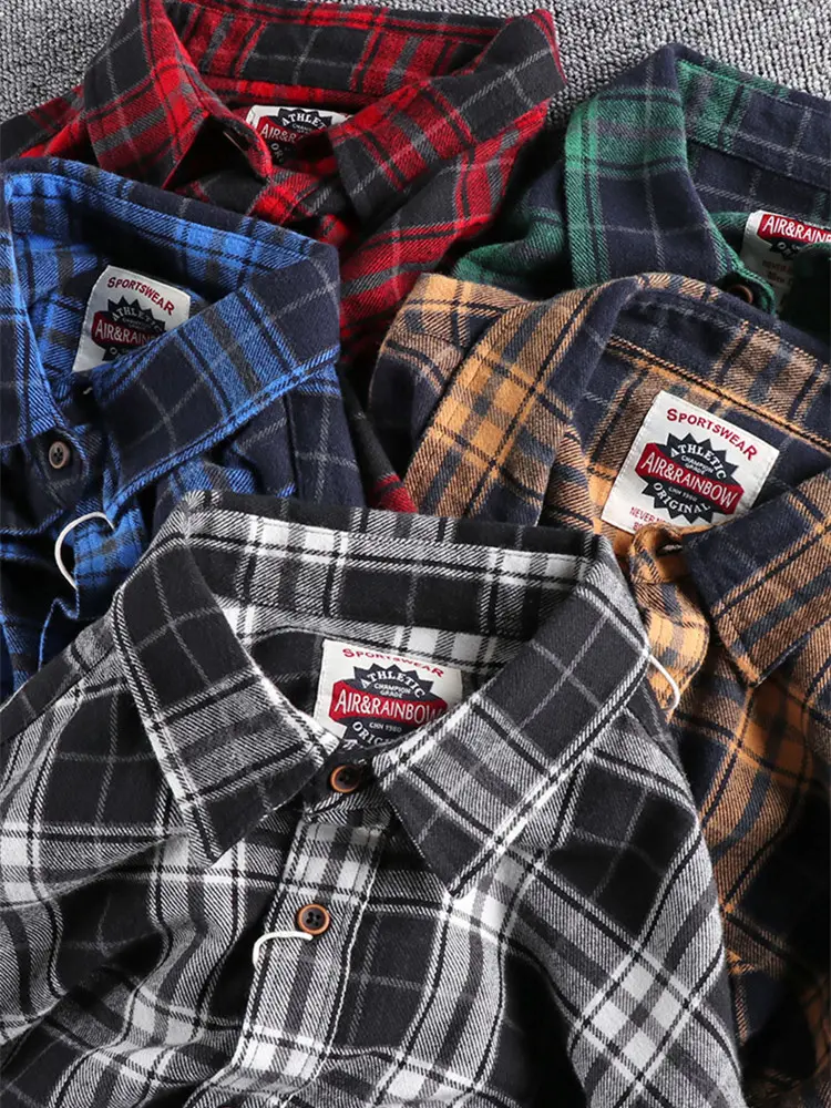 2022 Spring New American Retro Men's Fashion 100% Cotton Plaid Youth Long-Sleeve Blouses Washed Old Brushed Fabric Casual Shirt