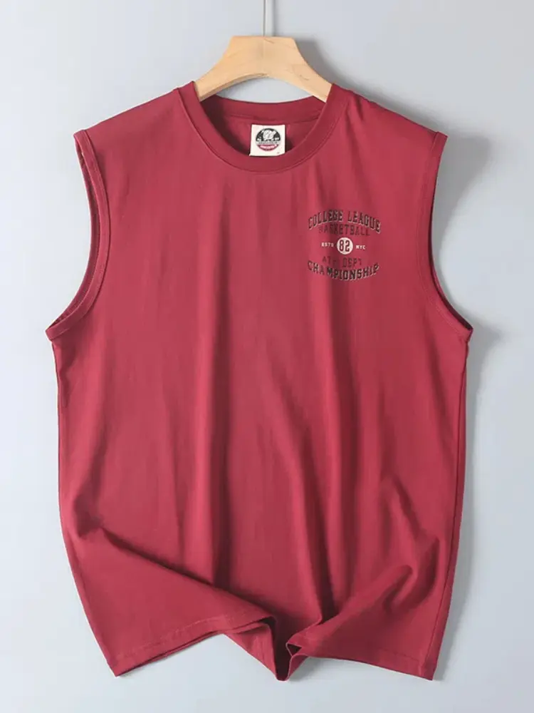 2025 Summer New American Retro Sleeveless O-neck Letter Printed T-shirt Men's Fashion 100% Cotton Basketball Sports Casual Vest