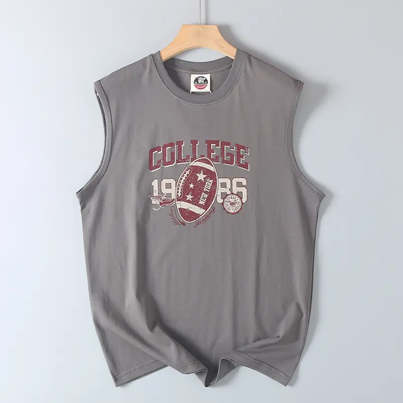 2025 Summer New American Retro Sleeveless O-neck Letter Printed T-shirt Men's Fashion 100% Cotton Basketball Sports Casual Vest