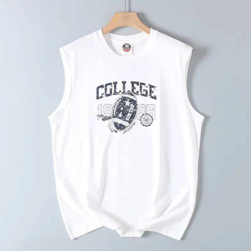 2025 Summer New American Retro Sleeveless O-neck Letter Printed T-shirt Men's Fashion 100% Cotton Basketball Sports Casual Vest