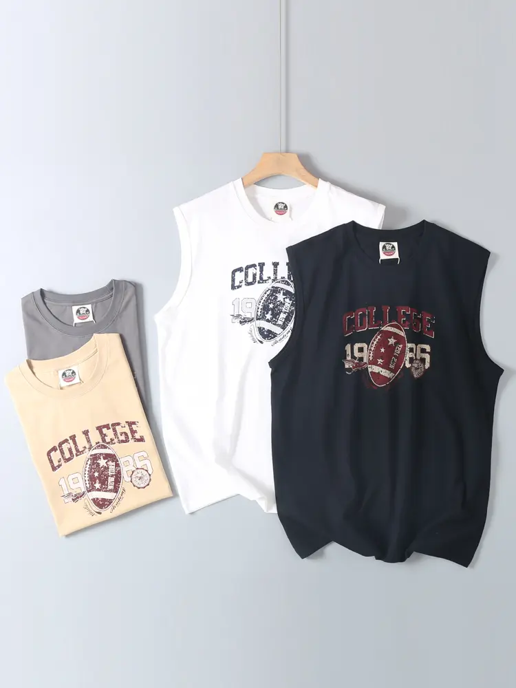 2025 Summer New American Retro Sleeveless O-neck Letter Printed T-shirt Men's Fashion 100% Cotton Basketball Sports Casual Vest