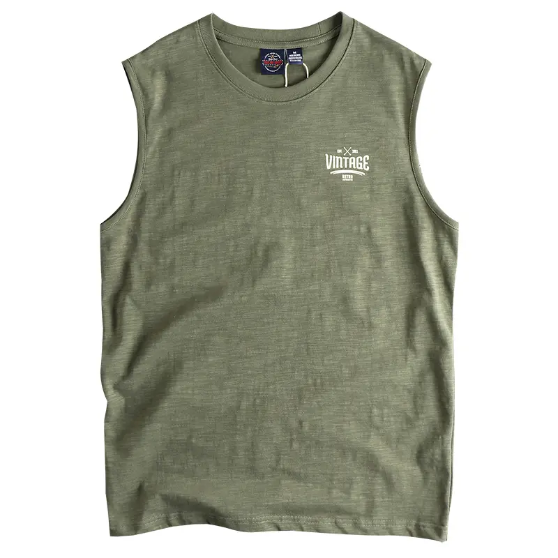 2025 Summer New American Retro Sleeveless O-neck Letter Printed T-shirt Men's Fashion 100% Slub Cotton Washed Casual Sports Vest