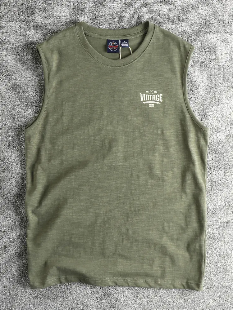 2025 Summer New American Retro Sleeveless O-neck Letter Printed T-shirt Men's Fashion 100% Slub Cotton Washed Casual Sports Vest