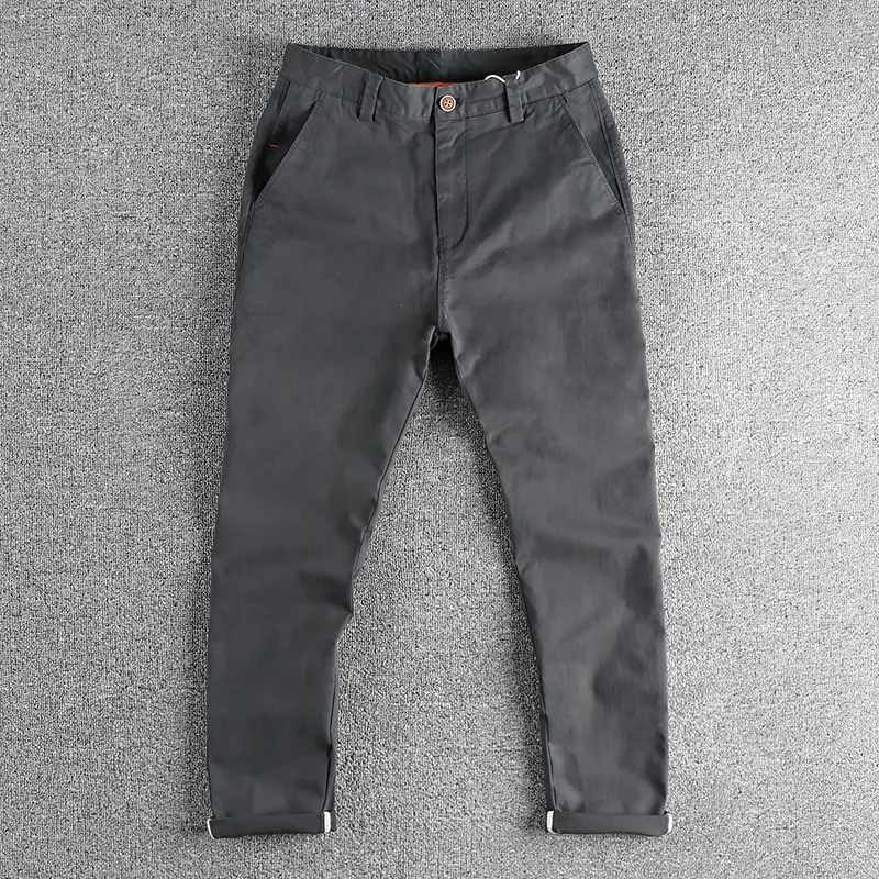Autumn New Japanese Retro Woven Twill Slim Chino Busniess Pants Men's Simple 98% Cotton Washed Casual Straight Pencil Trousers