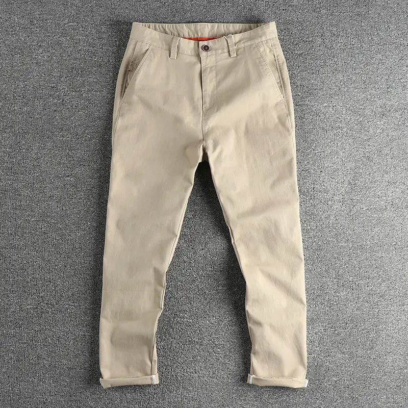 Autumn New Japanese Retro Woven Twill Slim Chino Busniess Pants Men's Simple 98% Cotton Washed Casual Straight Pencil Trousers