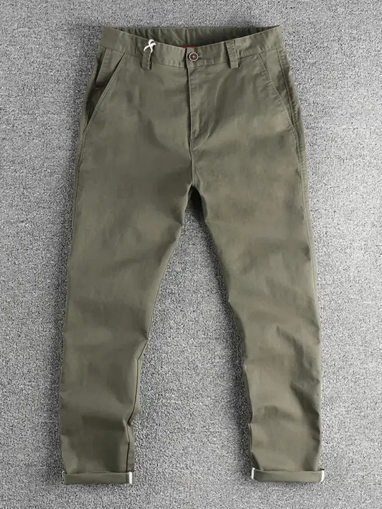 Autumn New Japanese Retro Woven Twill Slim Chino Busniess Pants Men's Simple 98% Cotton Washed Casual Straight Pencil Trousers