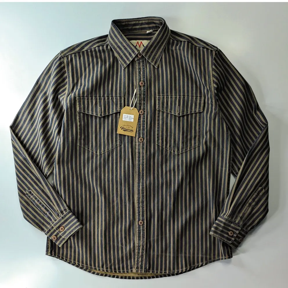 2025 Spring and Autumn New American Retro Woven Striped Cargo Shirt Men's Simple 100% Cotton Washed Double Pockets Thin Jacket