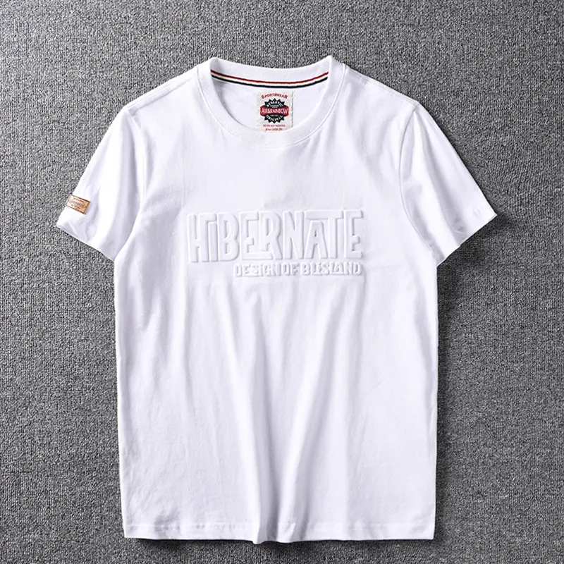 2025 Summer New American Retro Short Sleeve 3D Letter Embossed T-shirt Men's Fashion 100% Cotton Washed Youth Casual Sport Tops