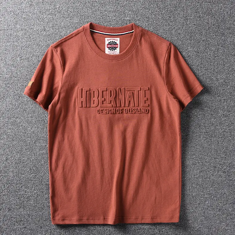 2025 Summer New American Retro Short Sleeve 3D Letter Embossed T-shirt Men's Fashion 100% Cotton Washed Youth Casual Sport Tops