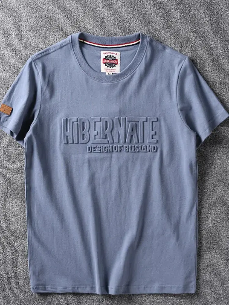 2025 Summer New American Retro Short Sleeve 3D Letter Embossed T-shirt Men's Fashion 100% Cotton Washed Youth Casual Sport Tops