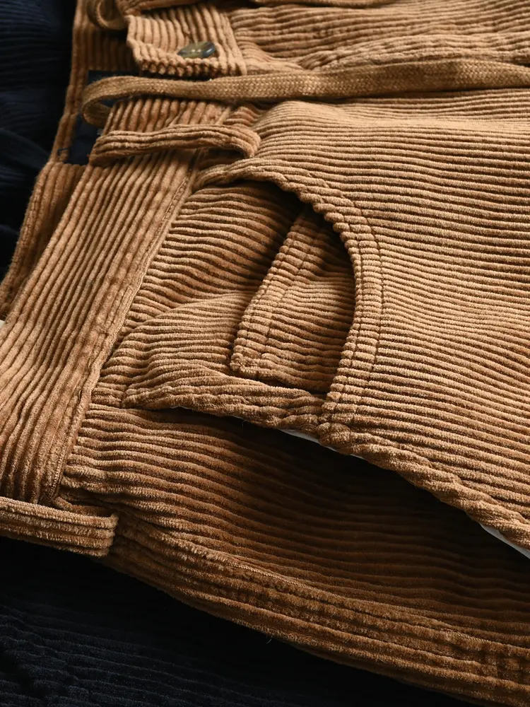 2025 Autumn New American Retro Heavyweight Corduroy Casual Pants Men's Simple 100% Cotton Washed Drawstring Straight Trousers