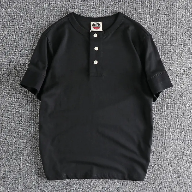 Summer New American Retro Short Sleeve Henry Collar Solid Color T-shirt Men's Fashion Simple 100% Cotton Washed Casual Tops