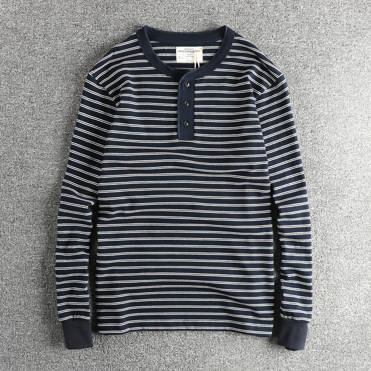 Autumn American Retro 280g Heavyweight Henry Collar Striped T-shirt Men's Simple 100% Cotton Washed Casual Loose Tough Guy Tops