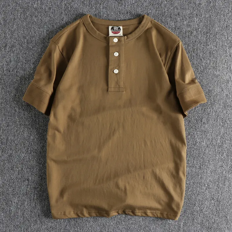 Summer New American Retro Short Sleeve Henry Collar Solid Color T-shirt Men's Fashion Simple 100% Cotton Washed Casual Tops