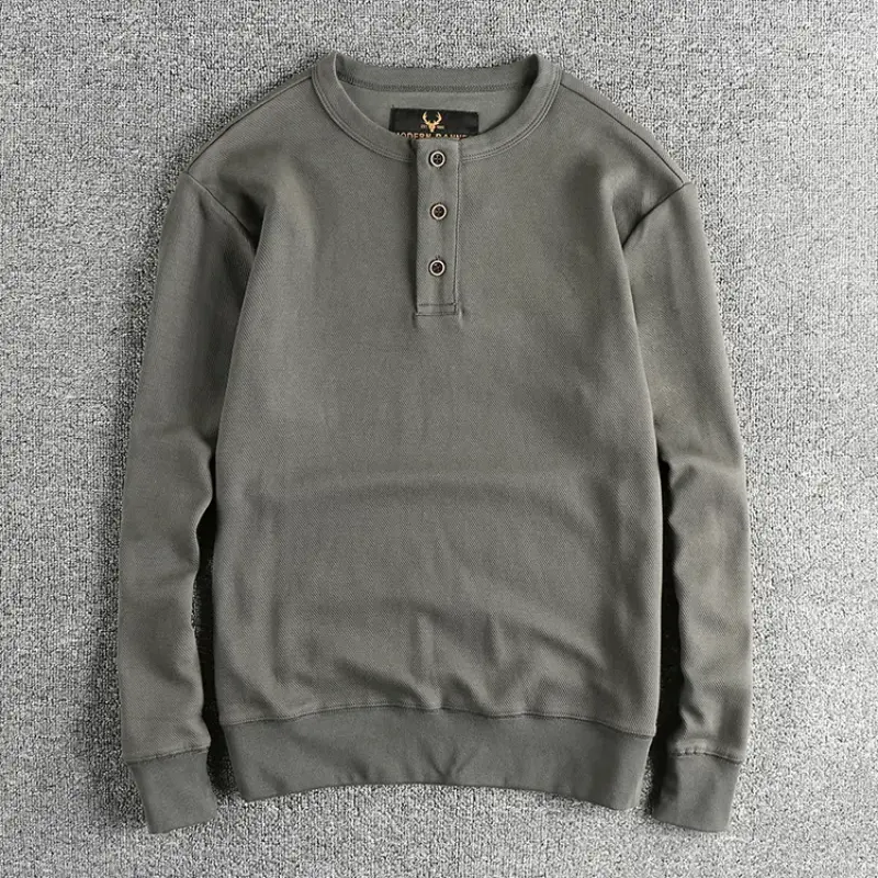 2024 Autumn New American Retro 350g Long Sleeve Henry Collar Thick Knitted T-shirt Men's Simple Washed Casual Tough Guy Tops