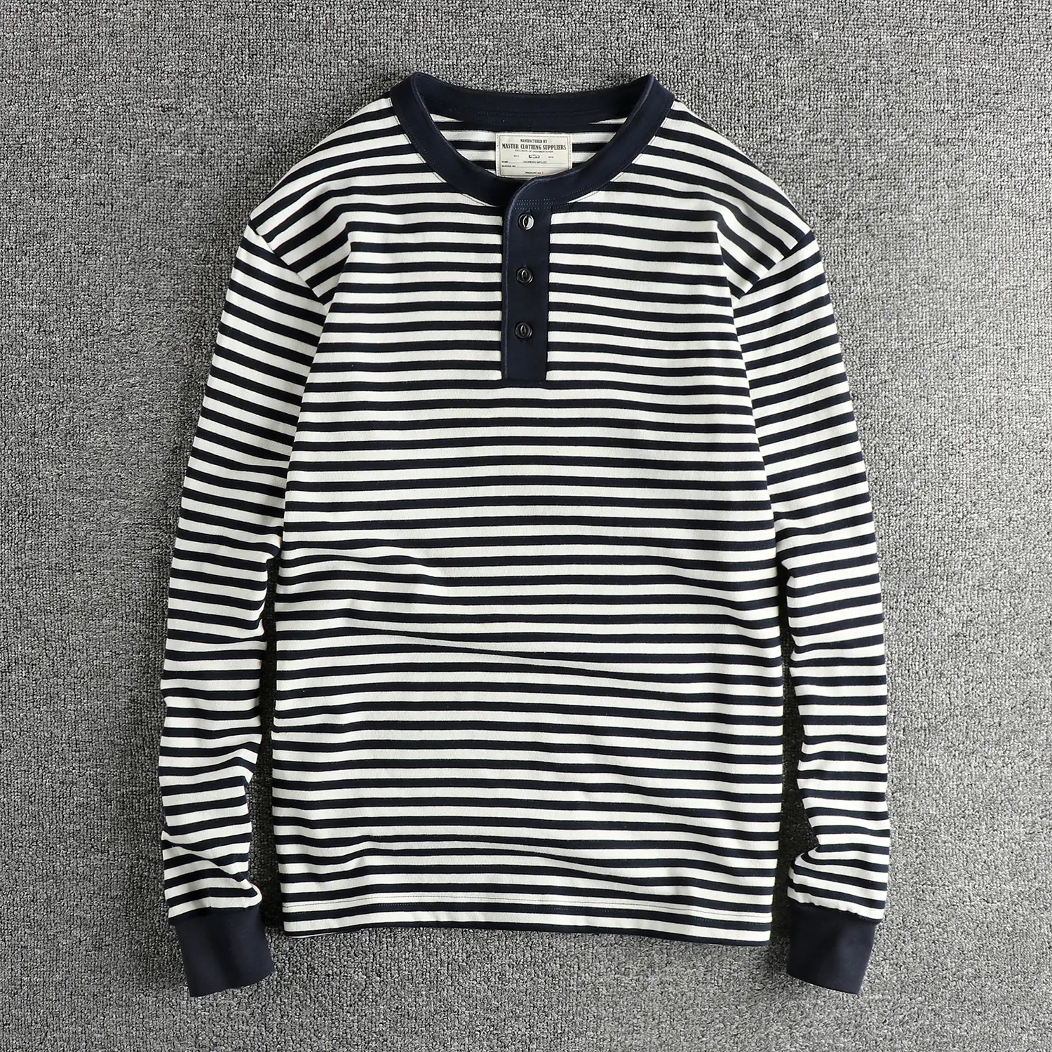 Autumn American Retro 280g Heavyweight Henry Collar Striped T-shirt Men's Simple 100% Cotton Washed Casual Loose Tough Guy Tops