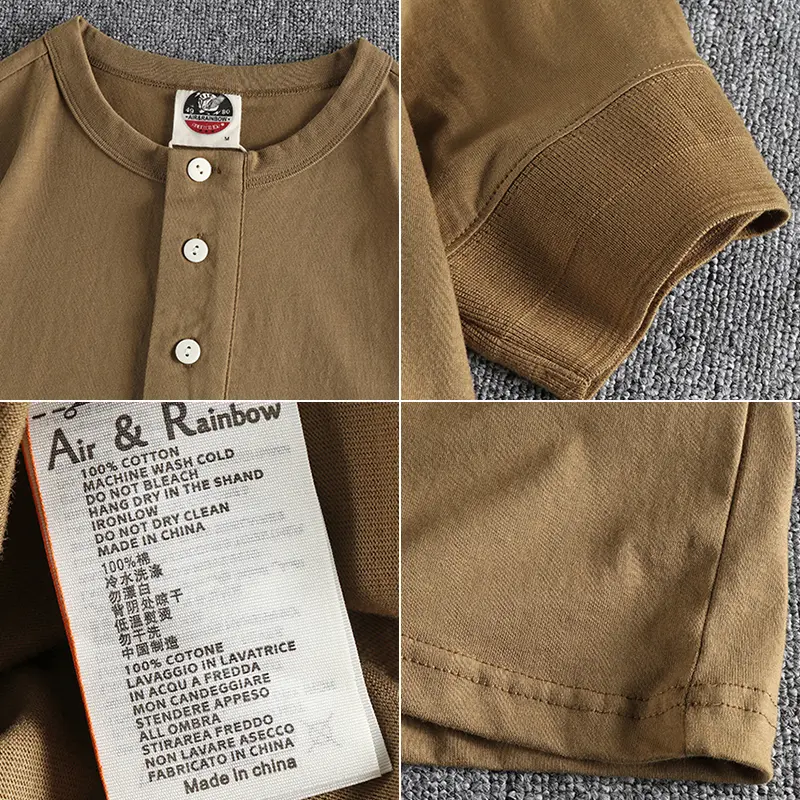Summer New American Retro Short Sleeve Henry Collar Solid Color T-shirt Men's Fashion Simple 100% Cotton Washed Casual Tops