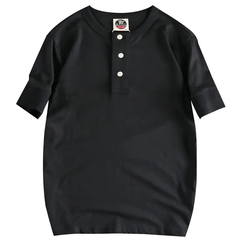 Summer New American Retro Short Sleeve Henry Collar Solid Color T-shirt Men's Fashion Simple 100% Cotton Washed Casual Tops