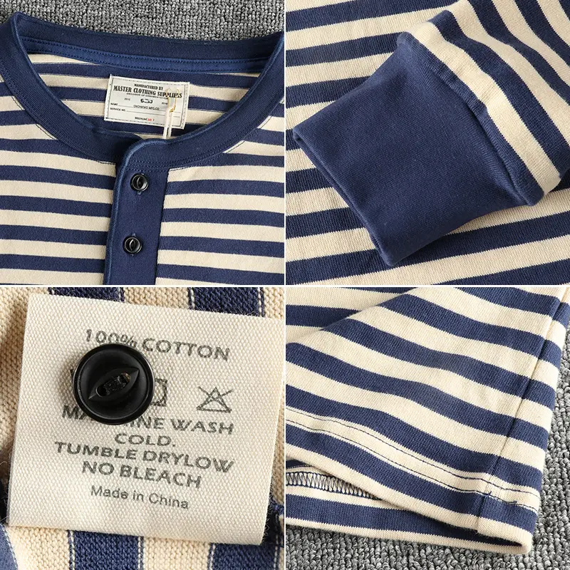 Autumn American Retro 280g Heavyweight Henry Collar Striped T-shirt Men's Simple 100% Cotton Washed Casual Loose Tough Guy Tops