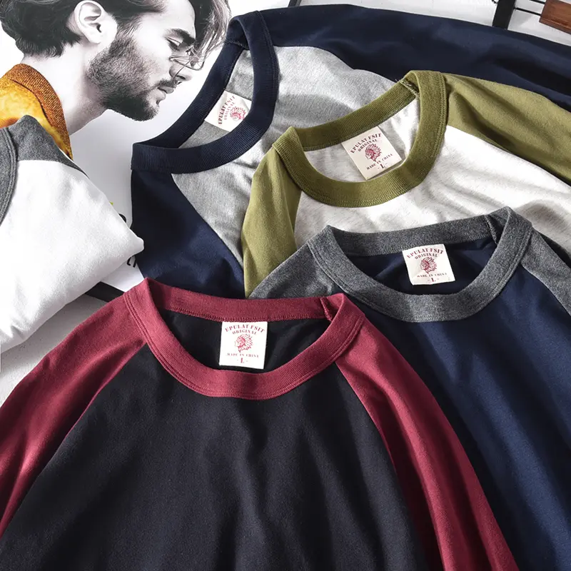 6888# Autumn New Men's Fashion Simple Long Sleeve O-neck 100% Cotton Solid Color Stitching T-shirt Washed Old Loose Casual Tops