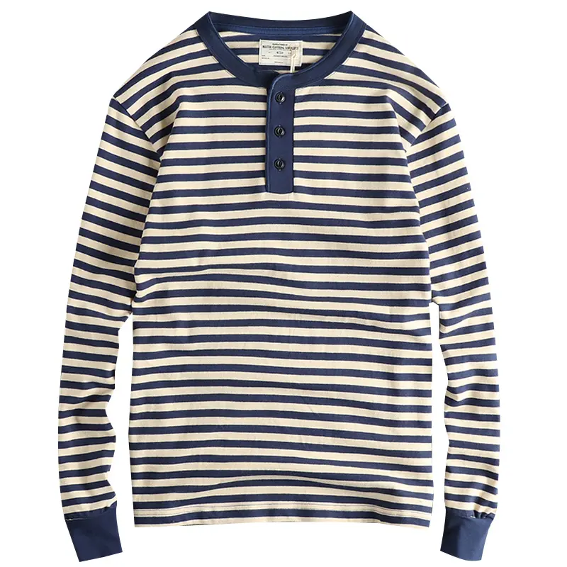 Autumn American Retro 280g Heavyweight Henry Collar Striped T-shirt Men's Simple 100% Cotton Washed Casual Loose Tough Guy Tops