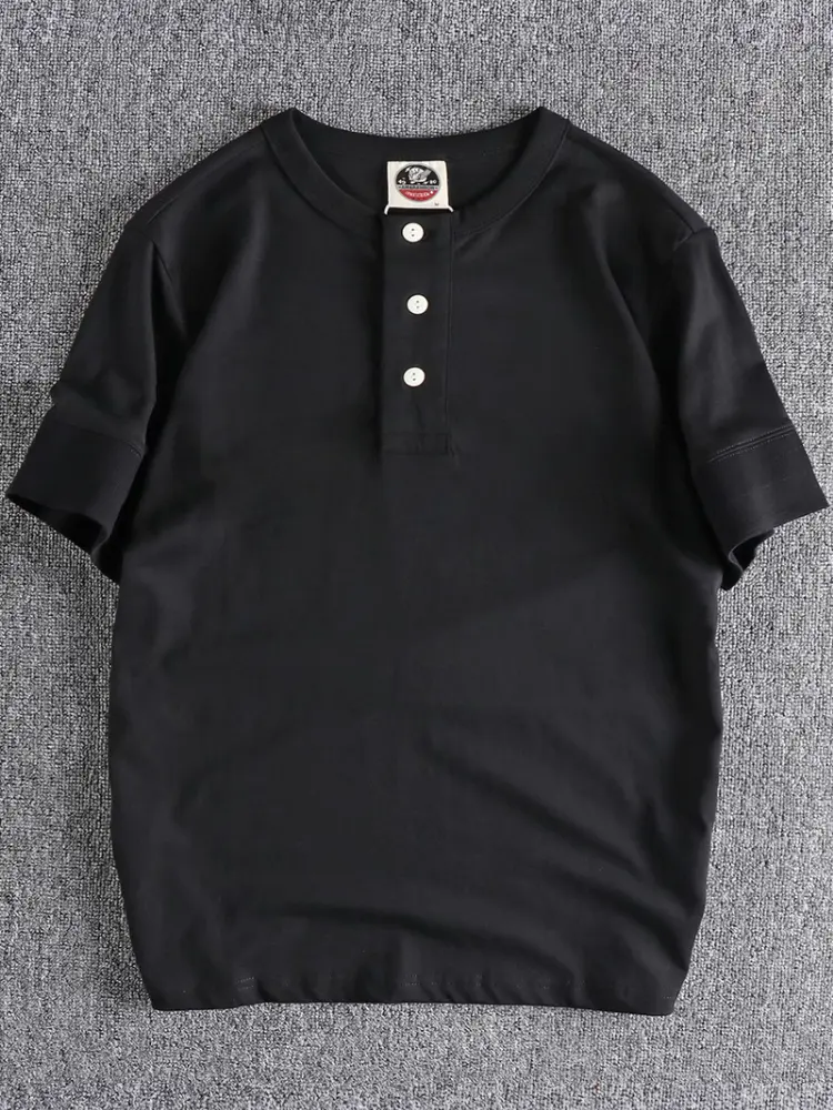 Summer New American Retro Short Sleeve Henry Collar Solid Color T-shirt Men's Fashion Simple 100% Cotton Washed Casual Tops