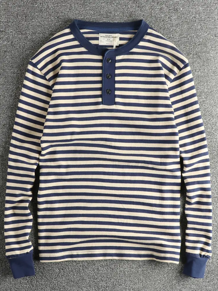 Autumn American Retro 280g Heavyweight Henry Collar Striped T-shirt Men's Simple 100% Cotton Washed Casual Loose Tough Guy Tops