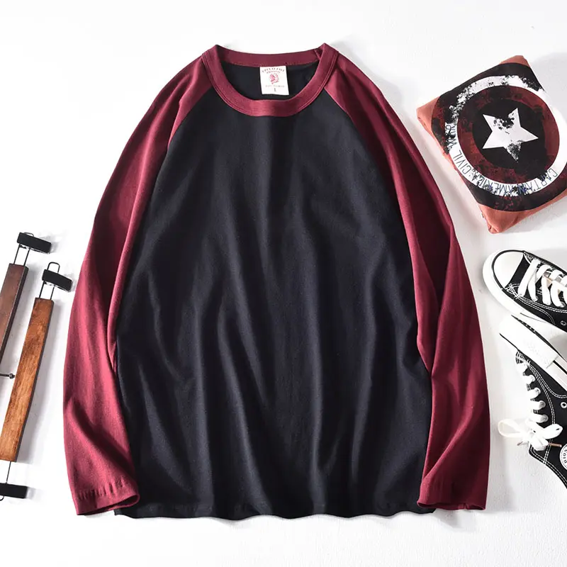 6888# Autumn New Men's Fashion Simple Long Sleeve O-neck 100% Cotton Solid Color Stitching T-shirt Washed Old Loose Casual Tops