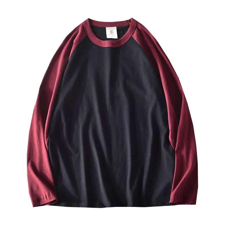 6888# Autumn New Men's Fashion Simple Long Sleeve O-neck 100% Cotton Solid Color Stitching T-shirt Washed Old Loose Casual Tops