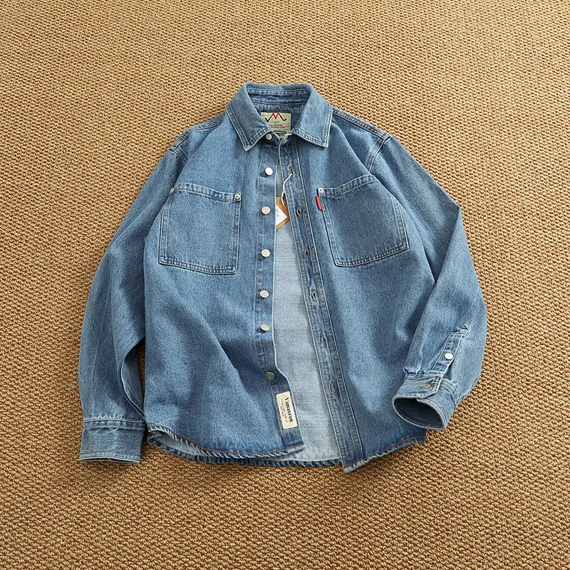Spring New American Retro Heavyweight Double Pocket Denim Cargo Shirt Men's Simple 100% Cotton Washed Casual Blouses Thin Jacket