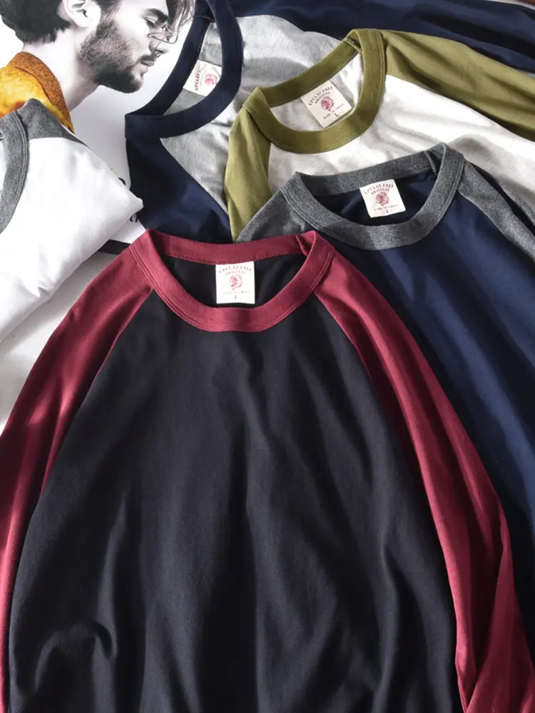 6888# Autumn New Men's Fashion Simple Long Sleeve O-neck 100% Cotton Solid Color Stitching T-shirt Washed Old Loose Casual Tops