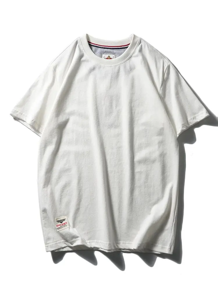 2025 Summer New American Retro Short Sleeve O-neck Solid Color T-shirt Men's Fashion 100% Cotton Washed Casual Terry Cloth Tops