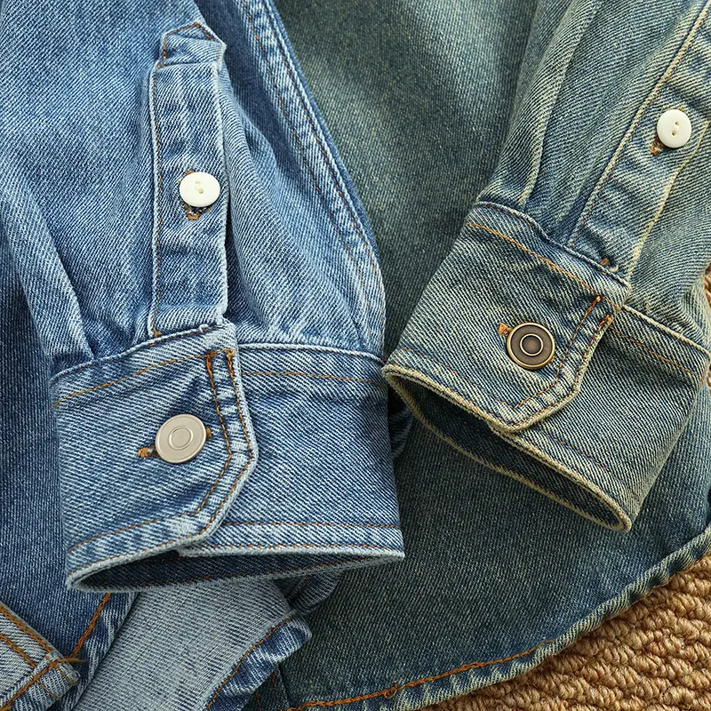 Spring New American Retro Heavyweight Double Pocket Denim Cargo Shirt Men's Simple 100% Cotton Washed Casual Blouses Thin Jacket