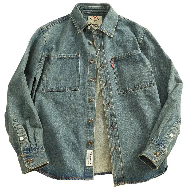 Spring New American Retro Heavyweight Double Pocket Denim Cargo Shirt Men's Simple 100% Cotton Washed Casual Blouses Thin Jacket