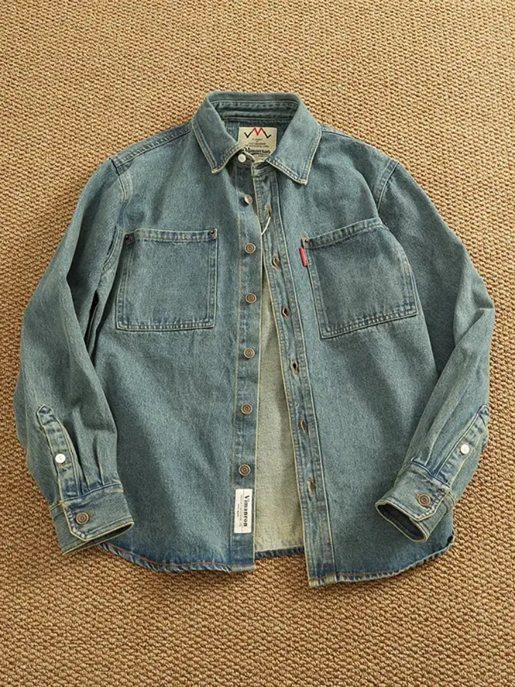 Spring New American Retro Heavyweight Double Pocket Denim Cargo Shirt Men's Simple 100% Cotton Washed Casual Blouses Thin Jacket